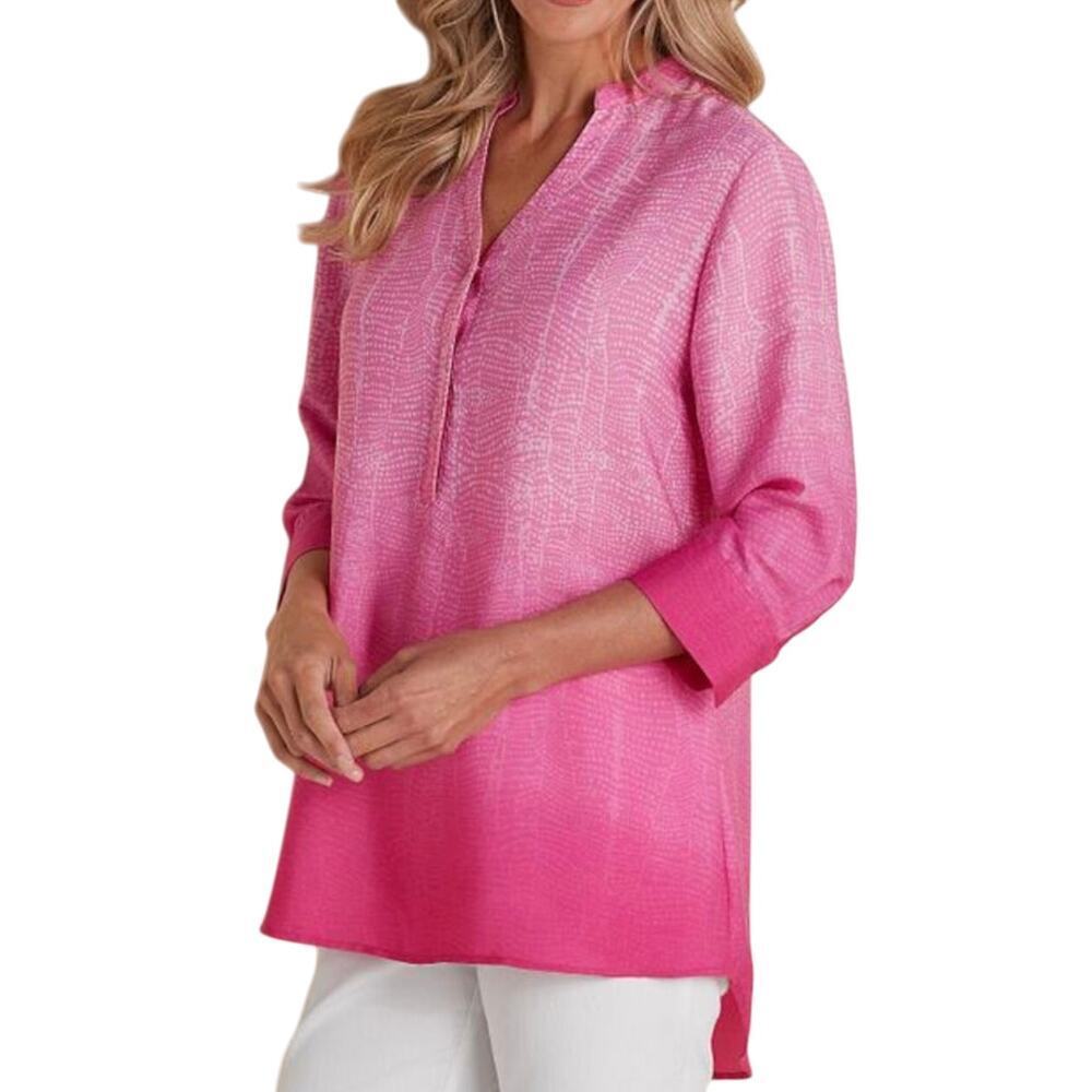 Soft Surroundings Blouse Top Womens Size L Pink Ombre Hi Low Tunic 3/4 Sleeve